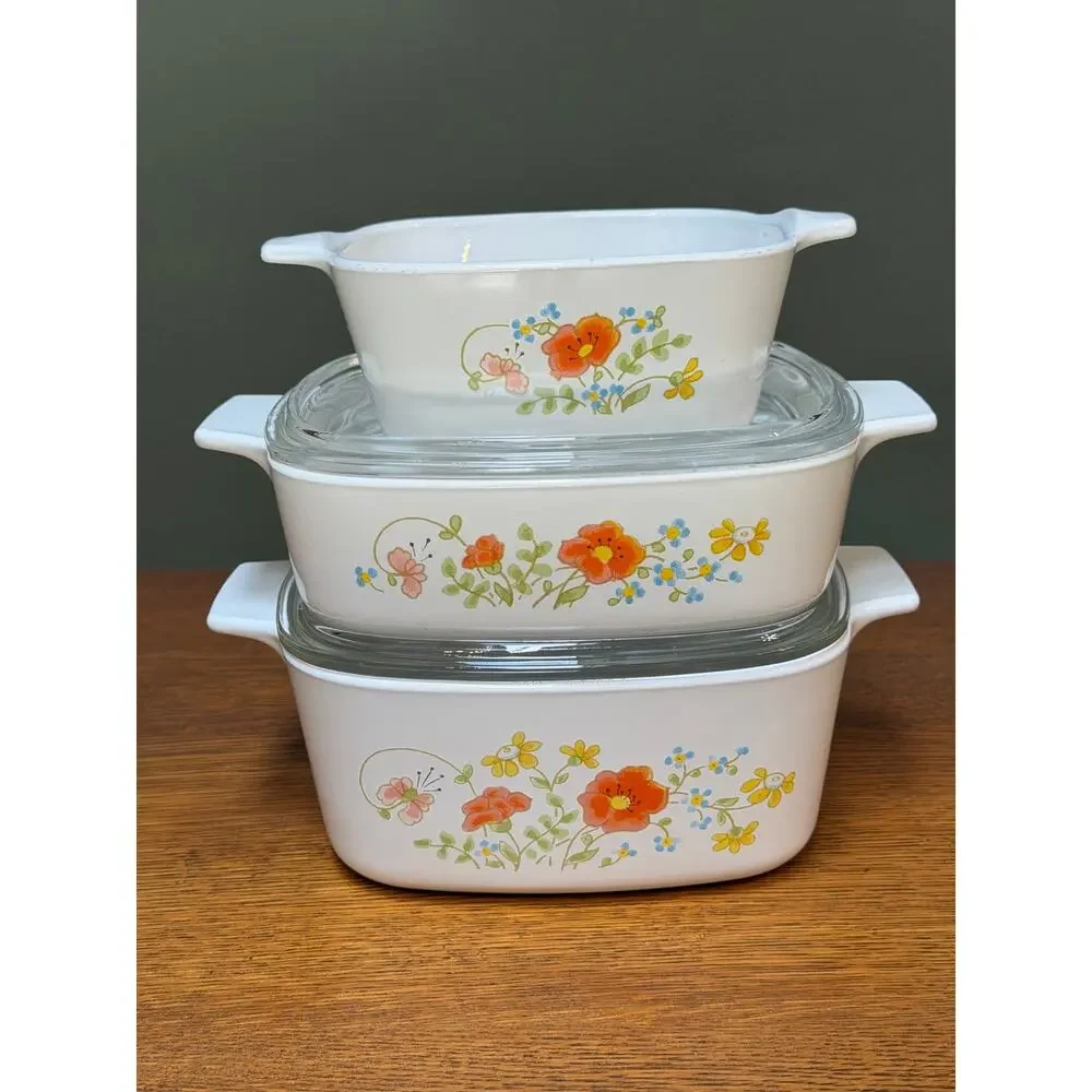 Vintage CorningWare Wildflower Casserole Set 1QT A-1-B, 1.5QT A-1.5-B, P-43-B